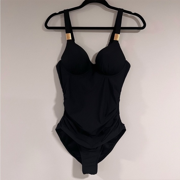 SPANX Black Let's Go Slimming Riveting Ruched One Piece Swimsuit Size 10 B/C - Picture 3 of 12